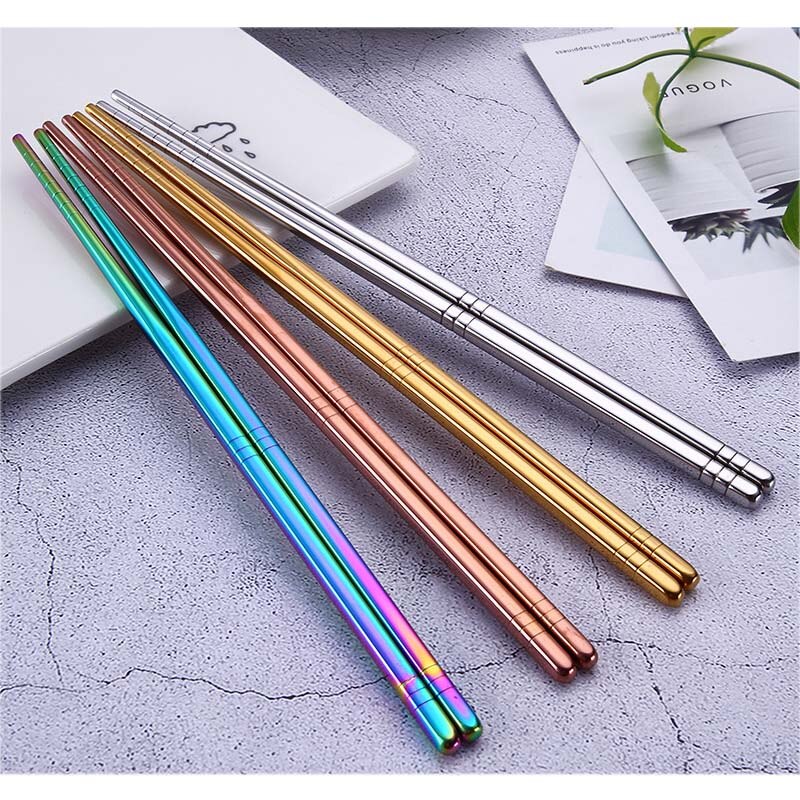 Gold Silver Pink Rainbow Chrome Reusable Stainless Steel Metal Chopsticks Non-Slip Novelty Chinese Chopsticks | 1 Pair