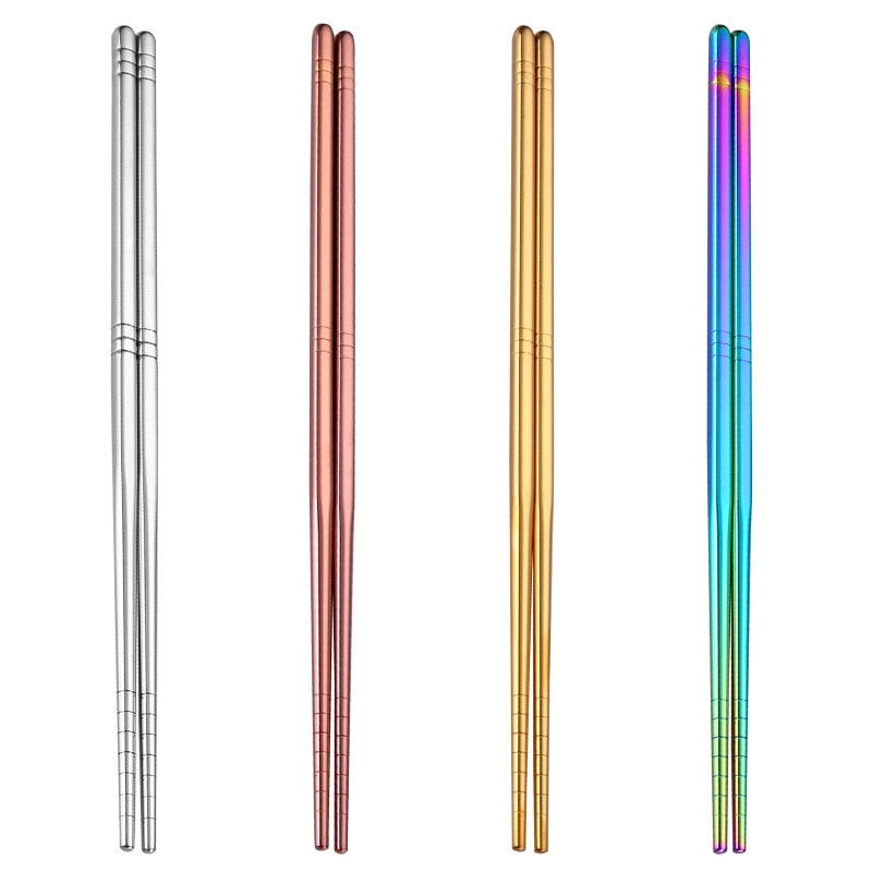 Gold Silver Pink Rainbow Chrome Reusable Stainless Steel Metal Chopsticks Non-Slip Novelty Chinese Chopsticks | 1 Pair