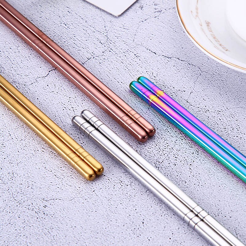 Gold Silver Pink Rainbow Chrome Reusable Stainless Steel Metal Chopsticks Non-Slip Novelty Chinese Chopsticks | 1 Pair