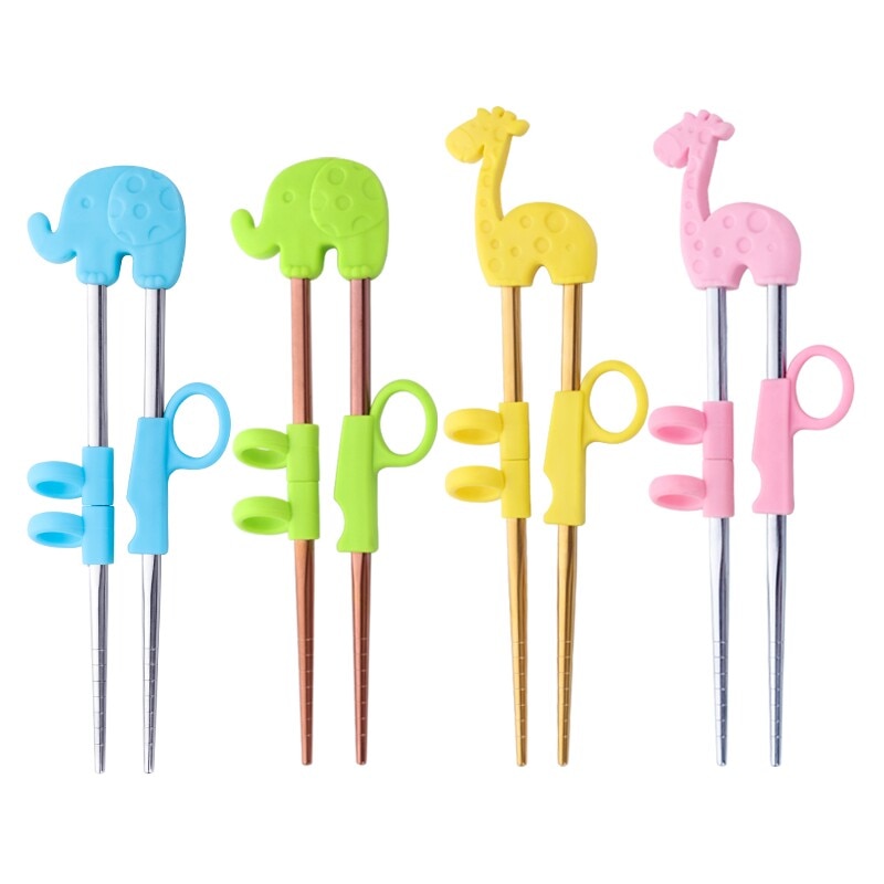 Children's Training Stainless Steel Chopsticks | Gold Green Elephant (1 pair)