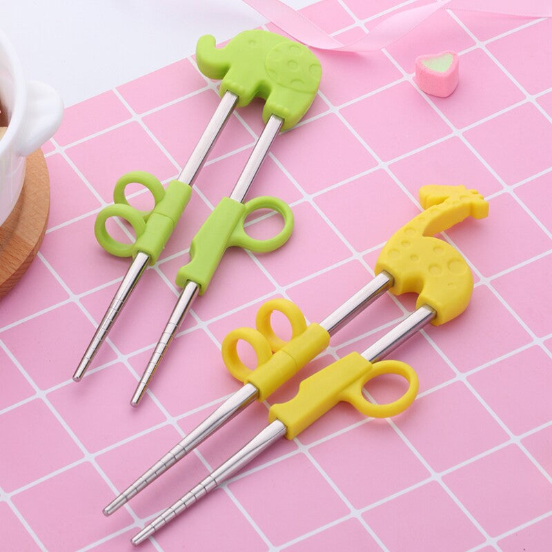 Kids Training Stainless Steel Chopsticks | Pink Giraffe in Silver (1 Pair)