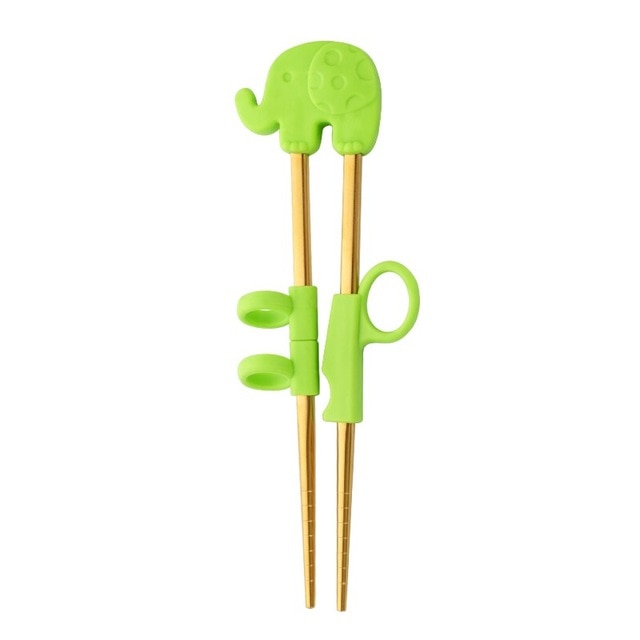 Children's Training Stainless Steel Chopsticks | Gold Green Elephant (1 pair)