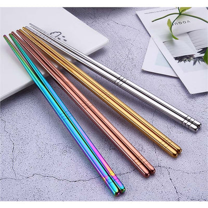 Gold Silver Pink Rainbow Chrome Reusable Stainless Steel Metal Chopsticks Non-Slip Novelty Chinese Chopsticks | 1 Pair