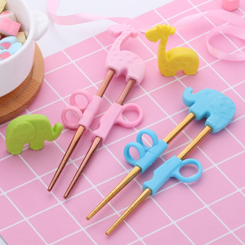 Kids Training Stainless Steel Chopsticks | Pink Giraffe in Rose Gold (1 Pair)