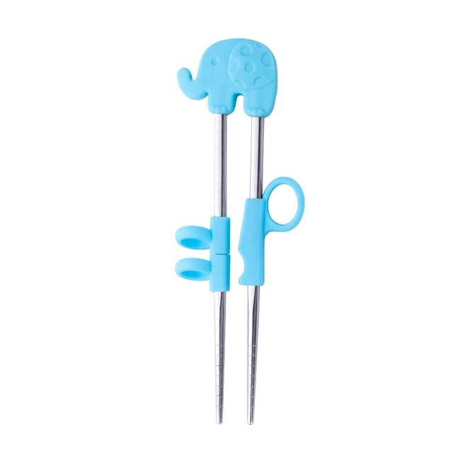 Kids Training Stainless Steel Chopsticks | Blue Elephant in Silver (1 Pair)