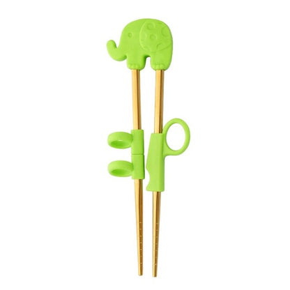 Children's Training Stainless Steel Chopsticks | Gold Green Elephant (1 pair)